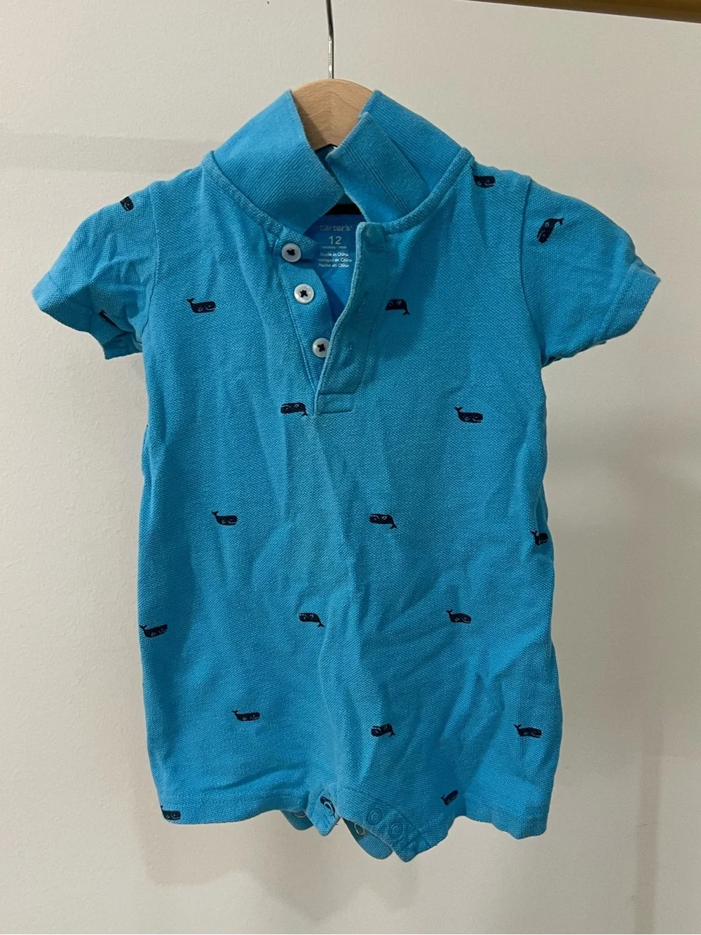 Carter's Bright Blue Polo Romper with Navy Whale Embroidery